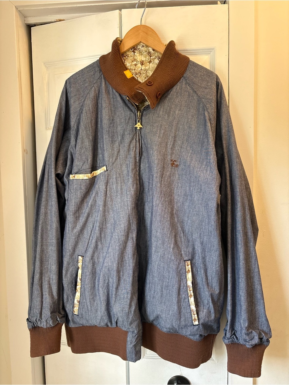 LRG Men's reversible Blue Denim-Style Bomber Jacket with Brown Trim